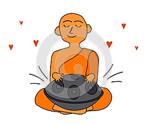 A Buddhist monk plays a hand drum. Musical instrument. Vector